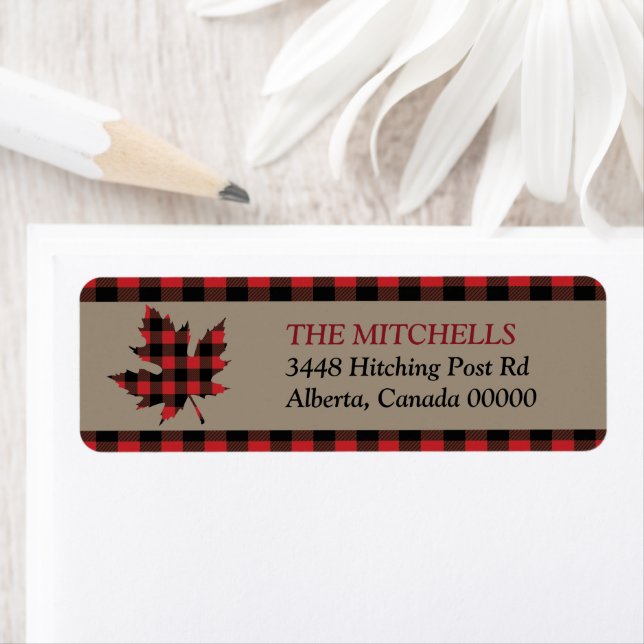 Red Buffalo Plaid Border Maple Leaf Label (Insitu)