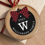 Red Buffalo Plaid Bow Monogram & Photo Wood Slice Ceramic Ornament<br><div class="desc">Add a rustic charm to your Christmas tree with our faux family monogram ornament featuring a rustic faux wood slice background decorated with a buffalo red plaid bow. Customize with your family monogram, name and year. The reverse side features a place to add your family photo. Designed by Moodthology Papery...</div>