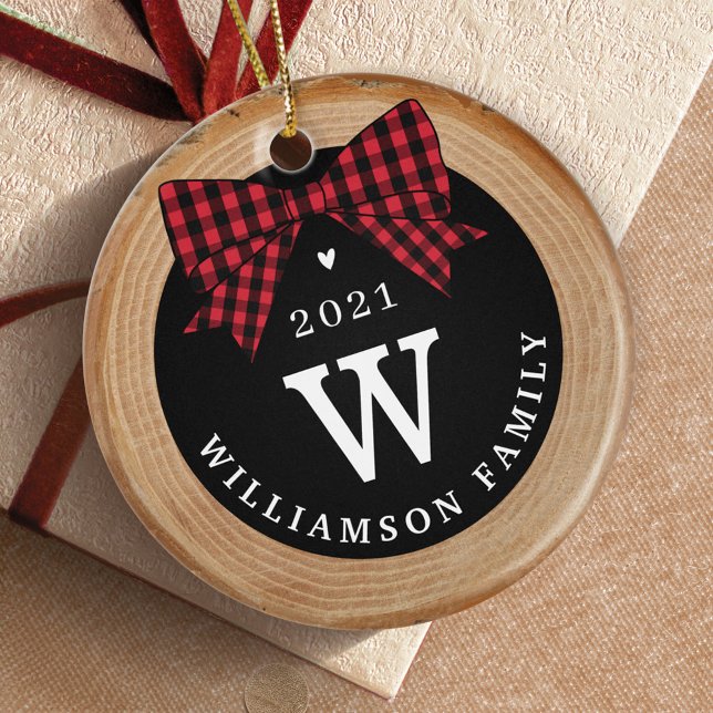Red Buffalo Plaid Bow Monogram & Photo Wood Slice Ceramic Ornament (Red Buffalo Plaid Bow Monogram & Photo Wood Slice Ceramic Ornament)