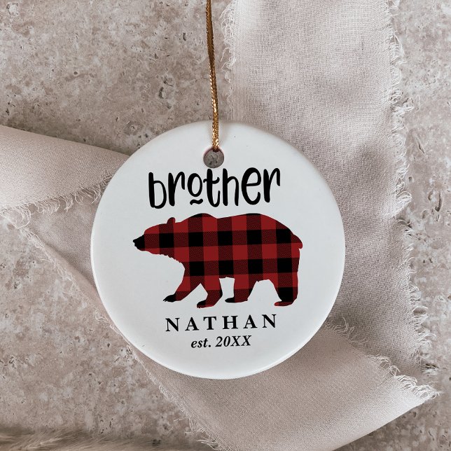Red Buffalo Plaid Brother Bear Holiday Ceramic Ornament (Creator Uploaded)