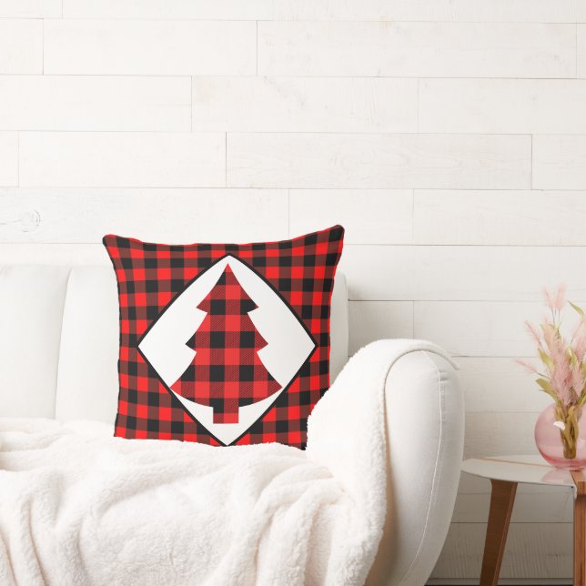 Red Buffalo Plaid Cabin Christmas Throw Pillow (Couch)
