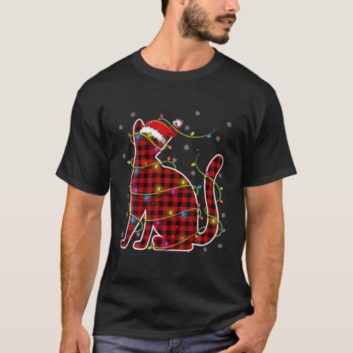 Red Buffalo Plaid Cat Santa Christmas Pajama Match T_Shirt