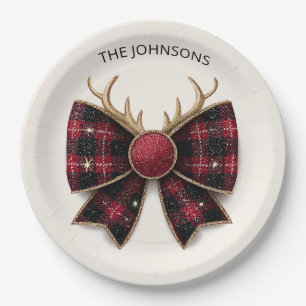 Red Buffalo Plaid Christmas Bow Paper Plates