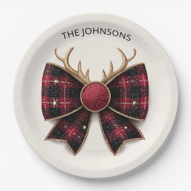 Red Buffalo Plaid Christmas Bow Paper Plates (Front)