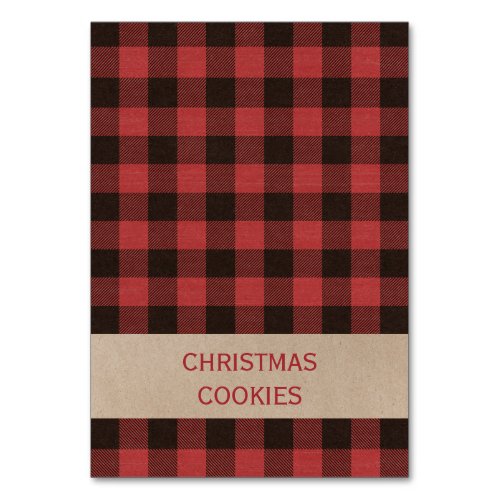 Red Buffalo Plaid Christmas Buffet Food Labels Table Number