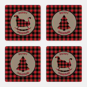 Red Buffalo Plaid Christmas Coaster Set