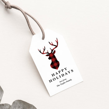 Red Buffalo Plaid Christmas Deer Silhouette Gift Tags by ChristmasPaperCo at Zazzle