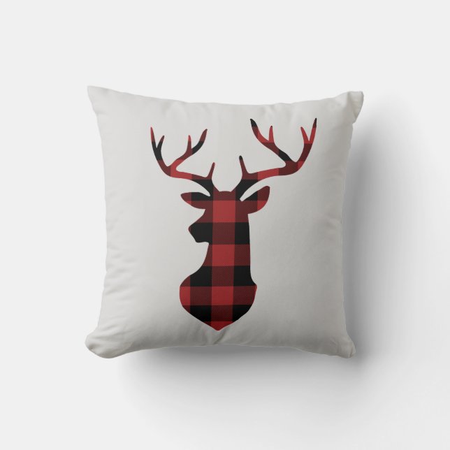 Red Buffalo Plaid Christmas Deer Silhouette Throw Pillow (Front)