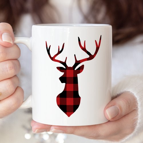 Red Buffalo Plaid Christmas Deer Silhouette Two_Tone Coffee Mug