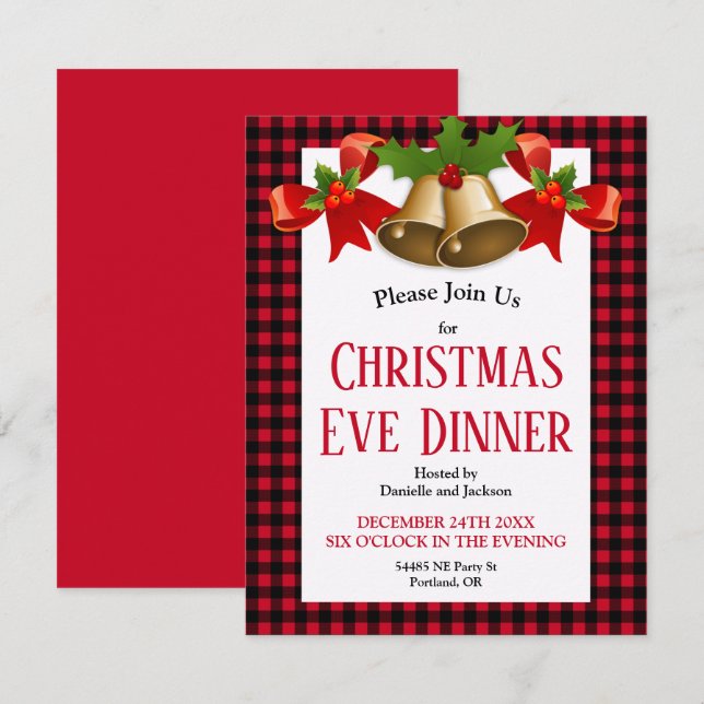 Red Buffalo Plaid Christmas Eve Dinner Invitation (Front/Back)