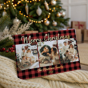 Red Buffalo Plaid Christmas Family Photo Collage Foil Holiday Card