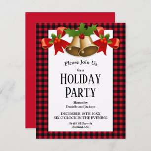 Red Buffalo Plaid Christmas Holly Bells Invitation