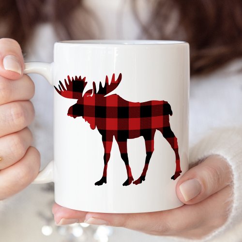 Red Buffalo Plaid Christmas Moose Silhouette Two_Tone Coffee Mug