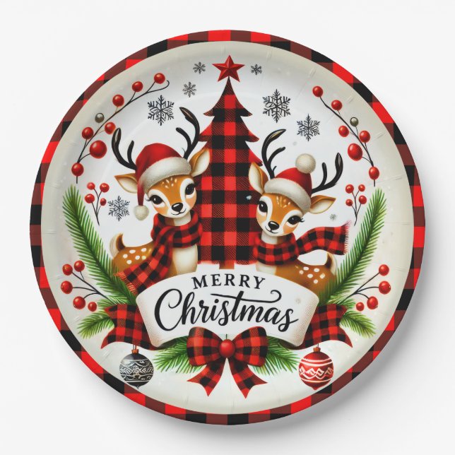 Red Buffalo Plaid Christmas Paper Plates (Front)