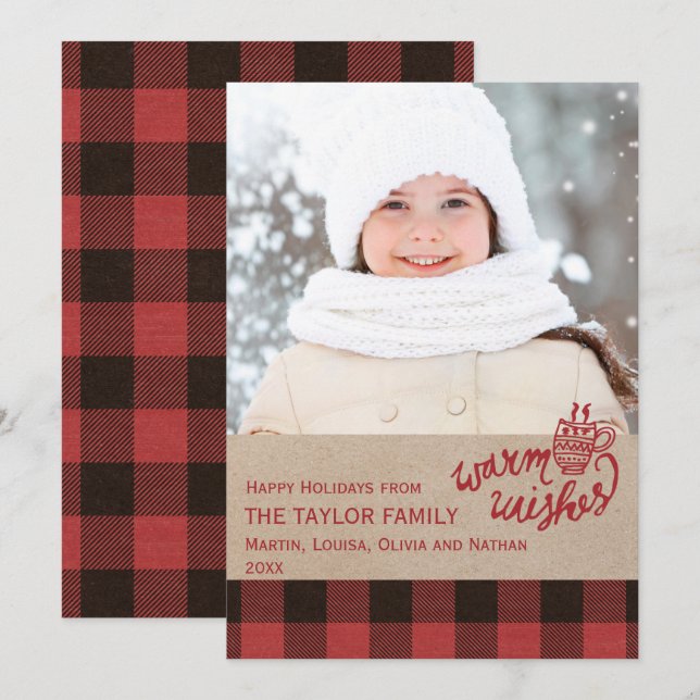 Red Buffalo Plaid Christmas Photo Holiday Card (Front/Back)