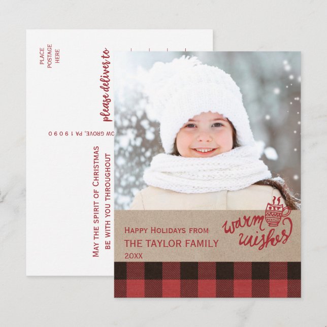 Red Buffalo Plaid Christmas Photo Holiday Postcard (Front/Back)