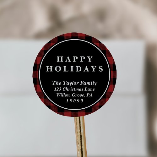 Red Buffalo Plaid Christmas Return Address Classic Round Sticker