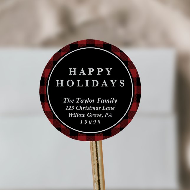 Red Buffalo Plaid Christmas Return Address Classic Round Sticker (Creator Uploaded)
