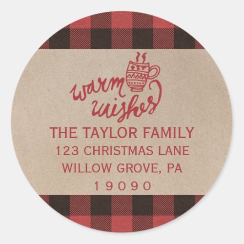 Red Buffalo Plaid Christmas Return Address Classic Round Sticker