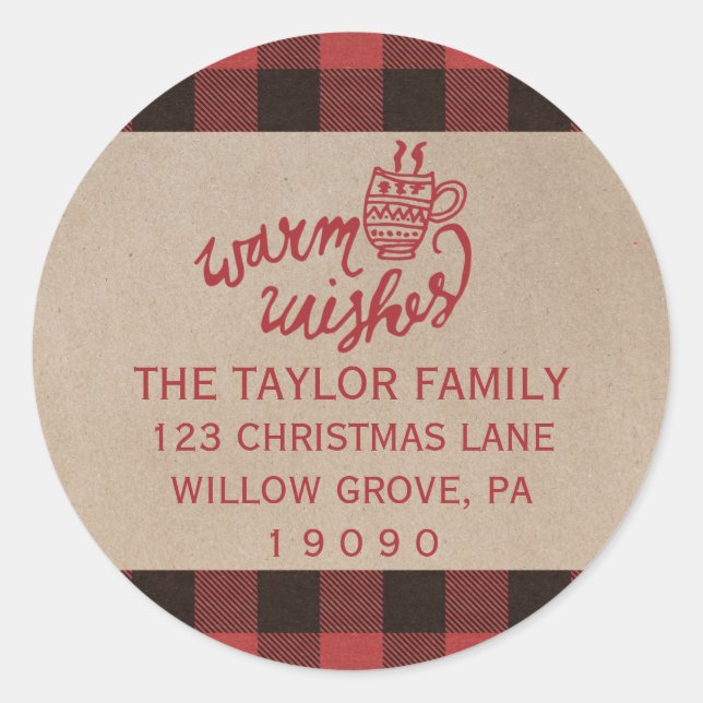 Red Buffalo Plaid Christmas Return Address Classic Round Sticker (Front)