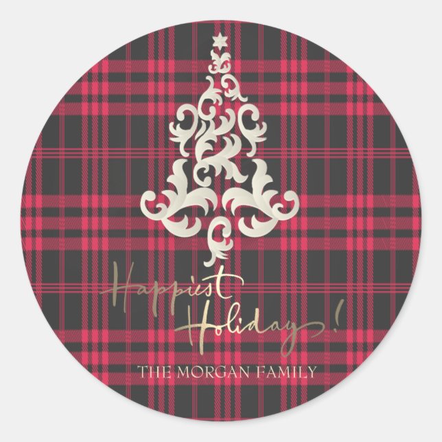 Red Buffalo Plaid Christmas Tree Happiest Holidays Classic Round Sticker (Front)