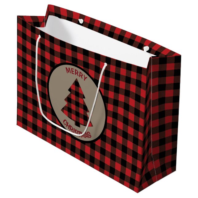 Red Buffalo Plaid Christmas Tree Large Gift Bag (Front Angled)