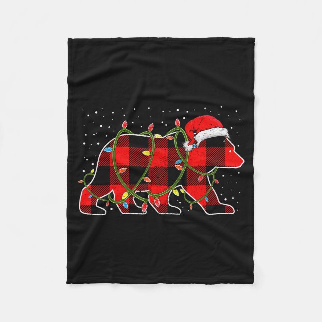 Red Buffalo Plaid Christmas Tree Light Bear Pajama Fleece Blanket (Front)