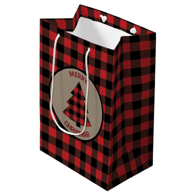 Red Buffalo Plaid Christmas Tree Medium Gift Bag (Front Angled)