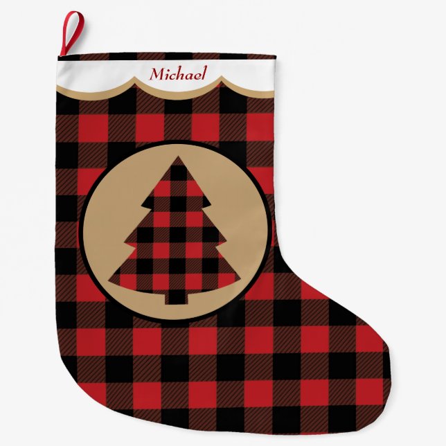 Red Buffalo Plaid Christmas Tree Personalized Large Christmas Stocking (Front)