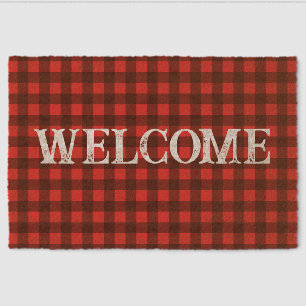 Red buffalo plaid coir fiber welcome doormat