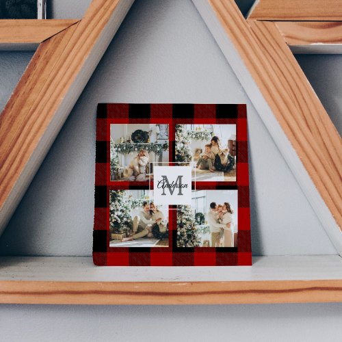 Red Buffalo Plaid  Collage Photo With Initial 