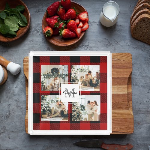 Red Buffalo Plaid  Collage Photo With Initial  Acrylic Tray