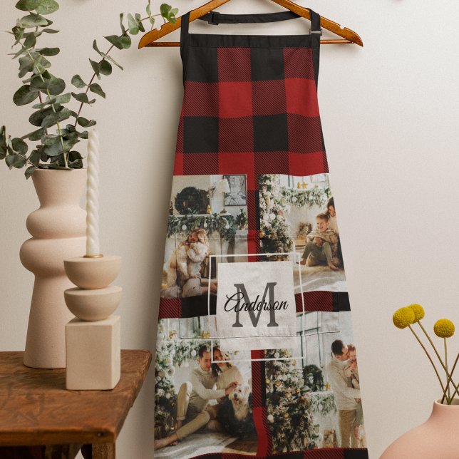 Red Buffalo Plaid & Collage Photo With Initial  Apron (Creator Uploaded)