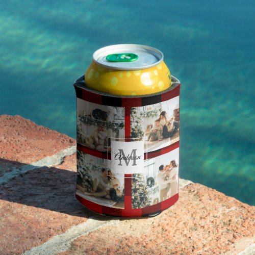 Red Buffalo Plaid  Collage Photo With Initial  Can Cooler