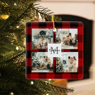 Red Buffalo Plaid & Collage Photo With Initial Ceramic Ornament