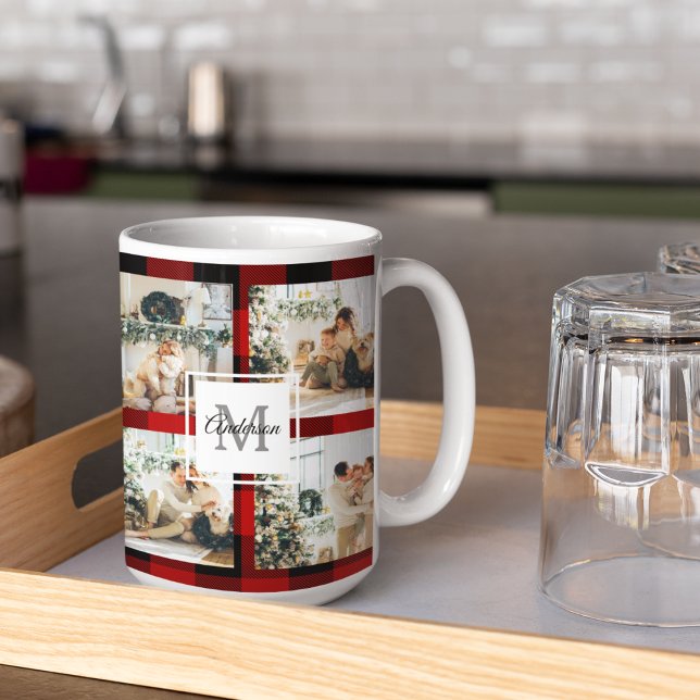 Red Buffalo Plaid & Collage Photo With Initial  Coffee Mug (Creator Uploaded)