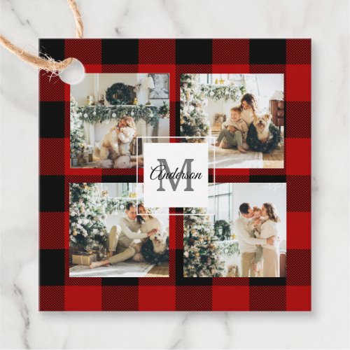 Red Buffalo Plaid  Collage Photo With Initial  Favor Tags