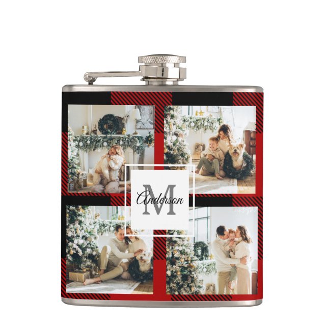 Red Buffalo Plaid & Collage Photo With Initial  Flask (Front)