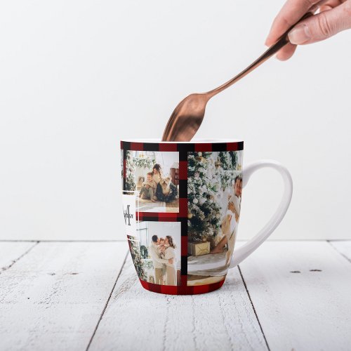 Red Buffalo Plaid  Collage Photo With Initial  Latte Mug