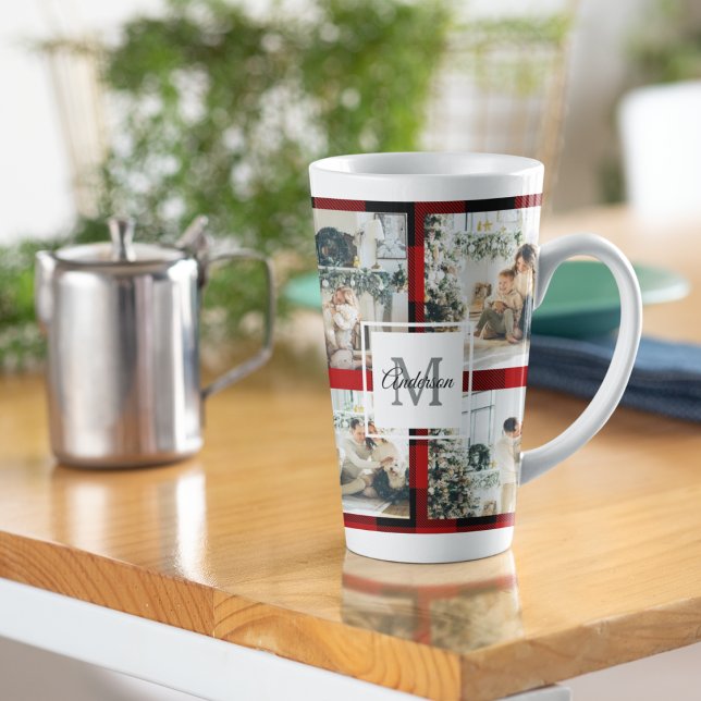 Red Buffalo Plaid & Collage Photo With Initial  Latte Mug (Creator Uploaded)