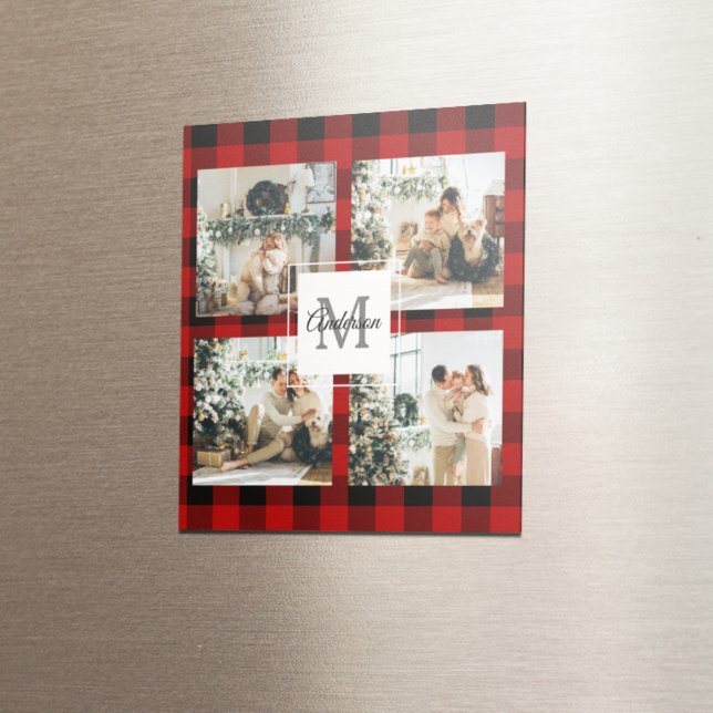 Red Buffalo Plaid & Collage Photo With Initial  Magnet (Creator Uploaded)