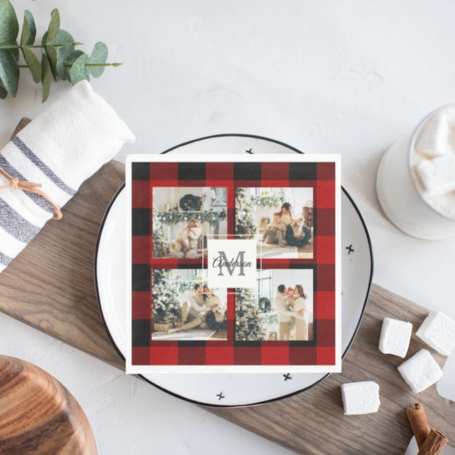 Red Buffalo Plaid & Collage Photo With Initial  Napkins (Creator Uploaded)