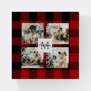Red Buffalo Plaid & Collage Photo With Initial  Paperweight