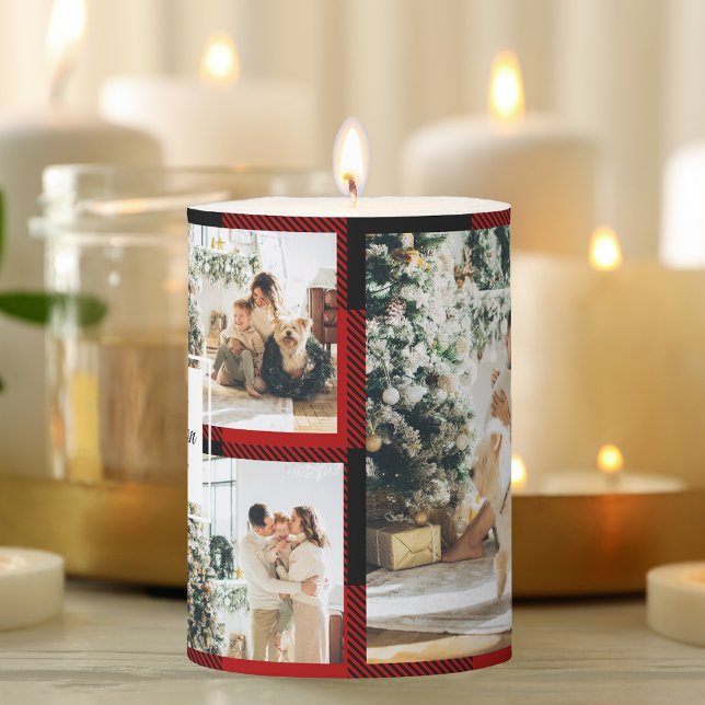 Red Buffalo Plaid & Collage Photo With Initial  Pillar Candle (Creator Uploaded)