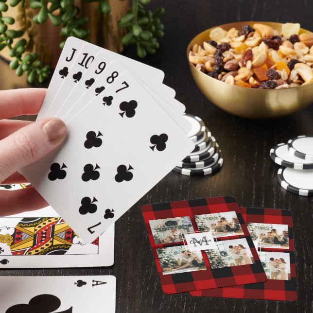 Red Buffalo Plaid & Collage Photo With Initial  Poker Cards (In Situ)