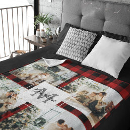 Red Buffalo Plaid &amp; Collage Photo With Initial  Sherpa Blanket