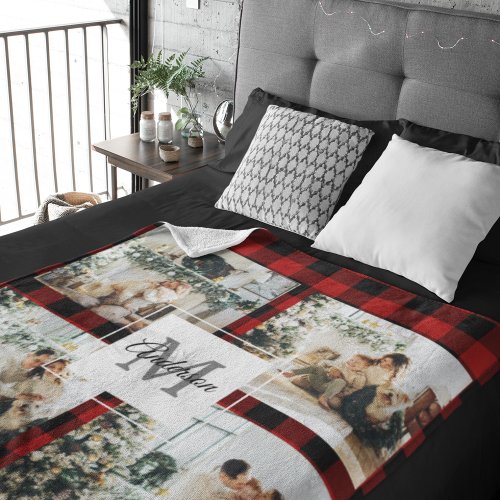 Red Buffalo Plaid  Collage Photo With Initial  Sherpa Blanket