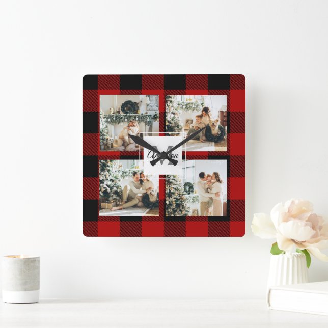Red Buffalo Plaid & Collage Photo With Initial  Square Wall Clock (Home)
