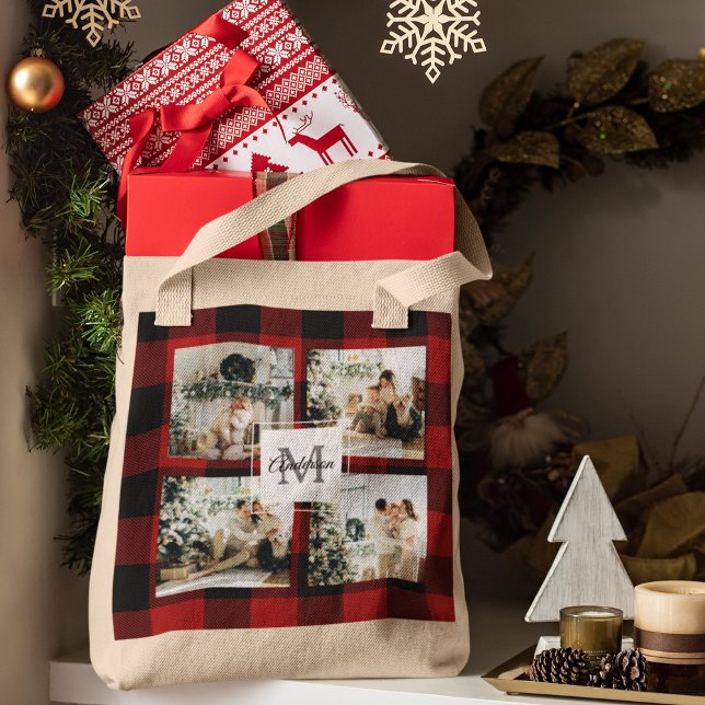 Red Buffalo Plaid & Collage Photo With Initial  Tote Bag (Creator Uploaded)