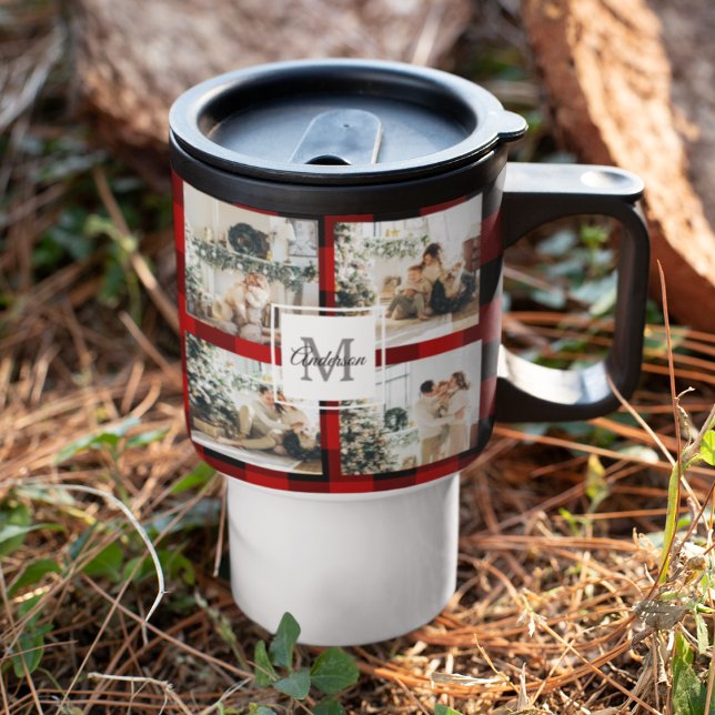 Red Buffalo Plaid & Collage Photo With Initial  Travel Mug (Creator Uploaded)